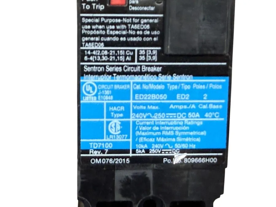 Автоматический выключатель SIEMENS ED22B050 50A 2-POLE 240V SENTRON ED2 MOLDED C