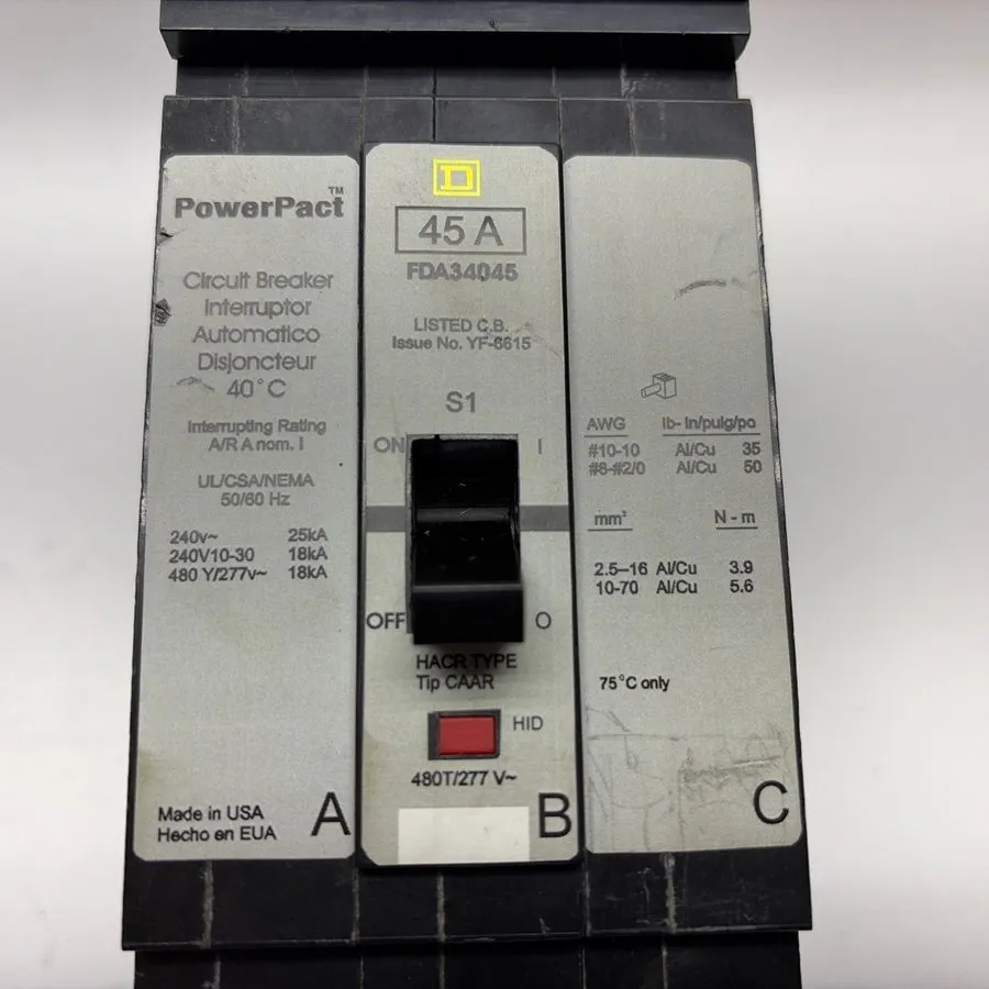 Автоматический выключатель Square D FDA34045 3P 480V 45A PowerPact I-Line Circui — фото лота 1