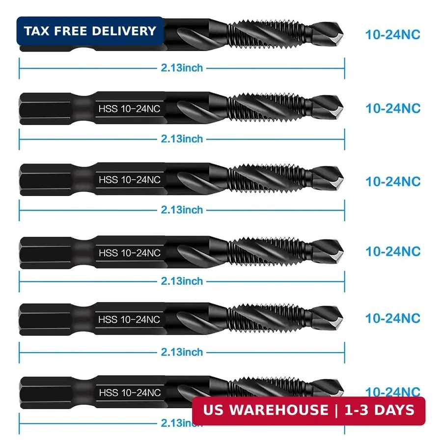 Режущий инструмент 6-pc 10-24NC Combination Drill Tap Bit Set SAE, Thread Size, 
