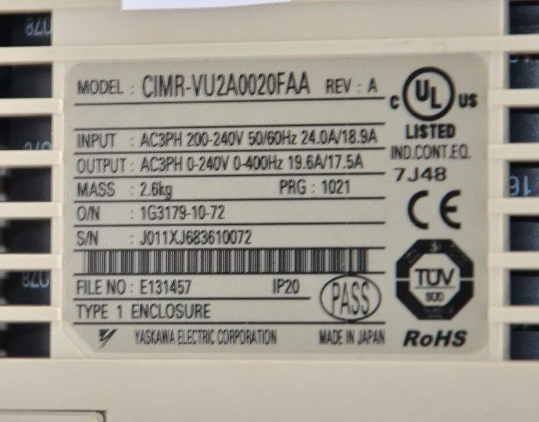Частотный преобразователь Yaskawa CIMR-VU2A0020FAA V1000 240V 3.7 kW 5HP Variabl
