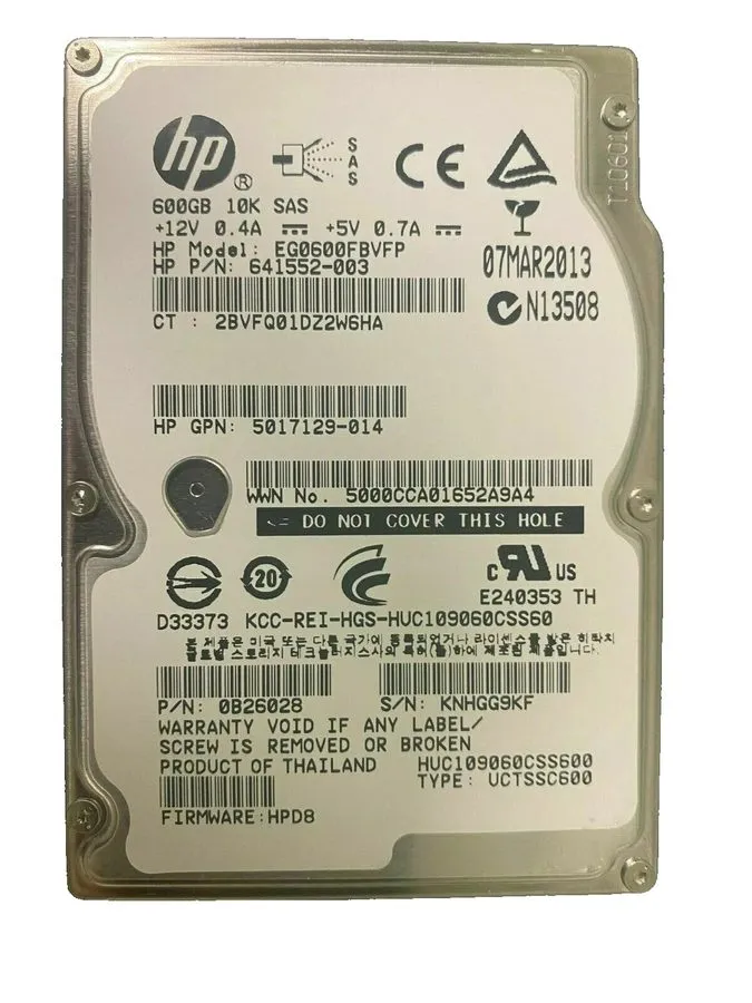Жёсткий диск HP 600GB 2.5" 10k 6G DP SAS HDD Hard Drive EG0600FBVFP 641552-003