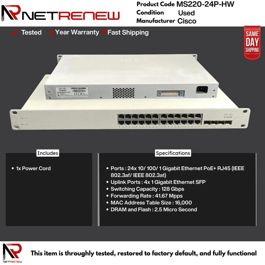 Коммутатор Cisco Meraki MS220-24P-HW 24-Port Gigabit PoE+ Switch 4x SFP 370W