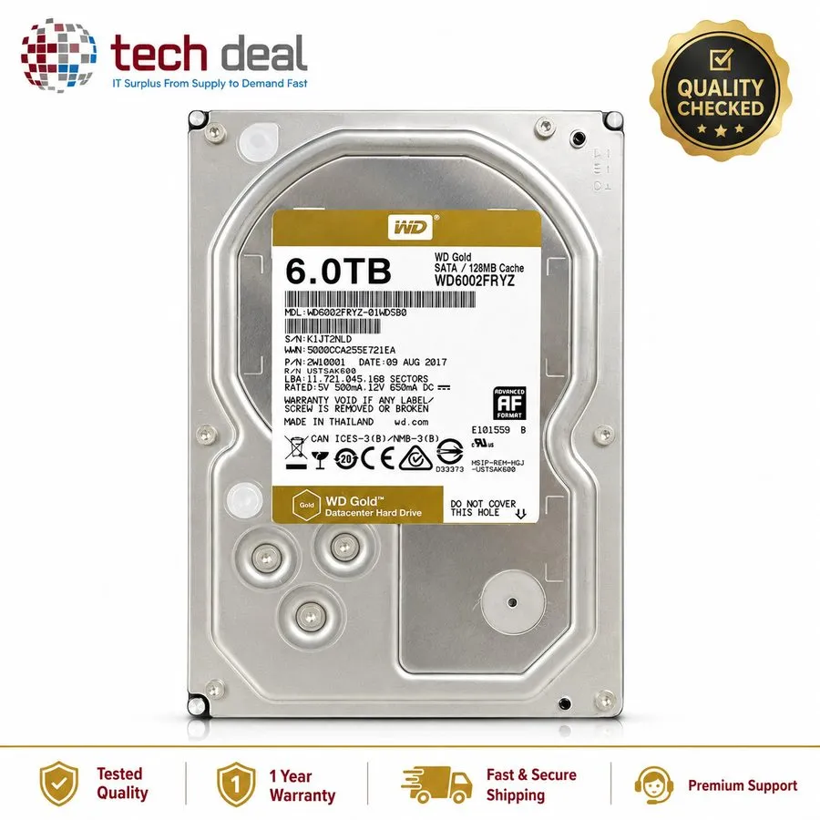 Жёсткий диск Western Digital WD Gold 6TB 7200RPM SATA 3.5" HDD 128MB WD6002FRYZ