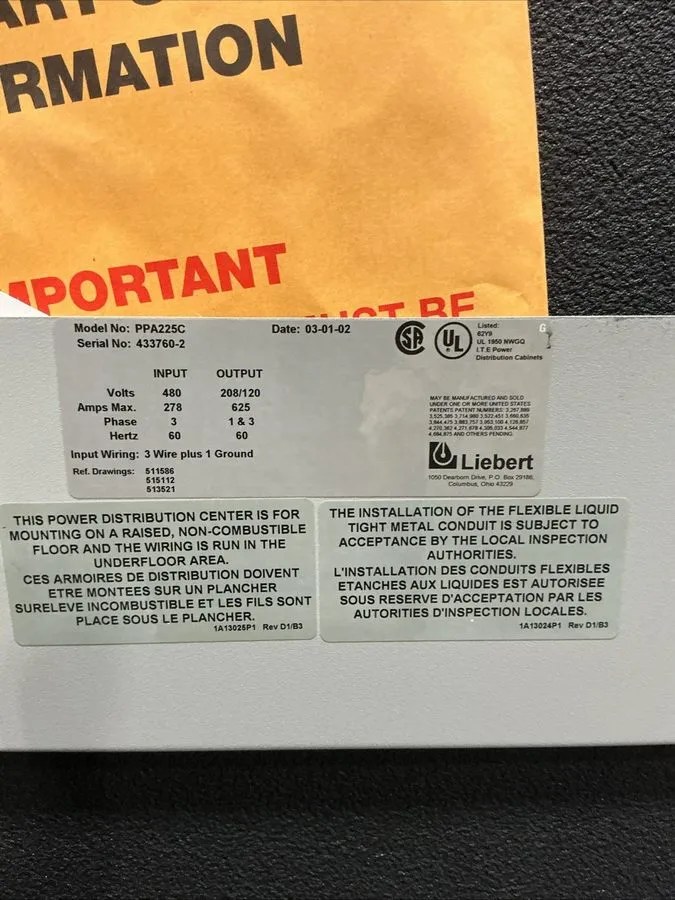 Блок розеток PDU Liebert PPA225C 225 kVA Power Distribution Center PDU 480V to 2