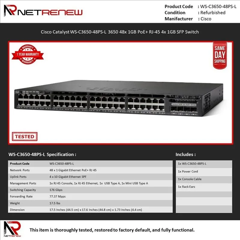 Коммутатор Cisco WS-C3650-48PS-L 48 Port PoE+ Gigabit IP Base Switch