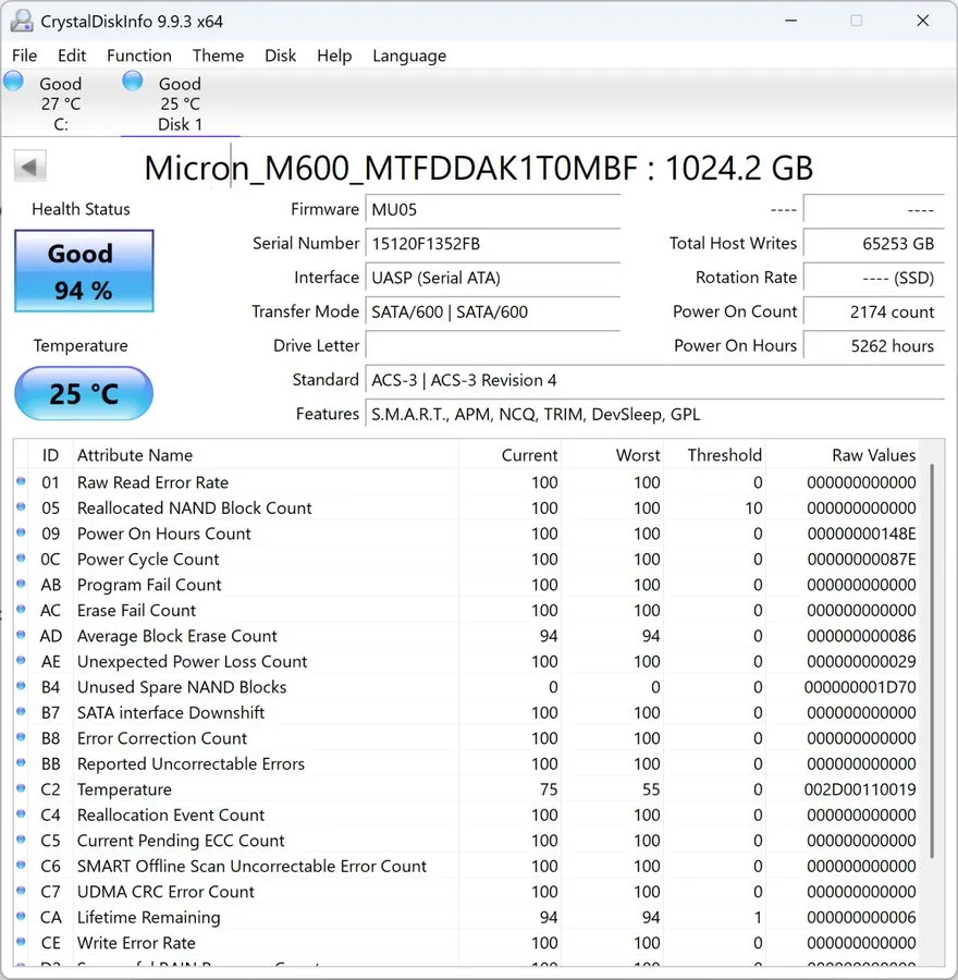 SSD-накопитель Micron M600 1TB MTFDDAK1T0MBF-1AN12ABYY 2.5” SSD SATA III Wiped