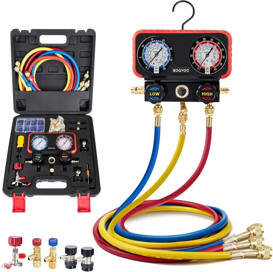 Манометрический коллектор HVAC Manifold Gauge Set R22/R410a/R134a w/ 5FT Hoses & — фото лота 1