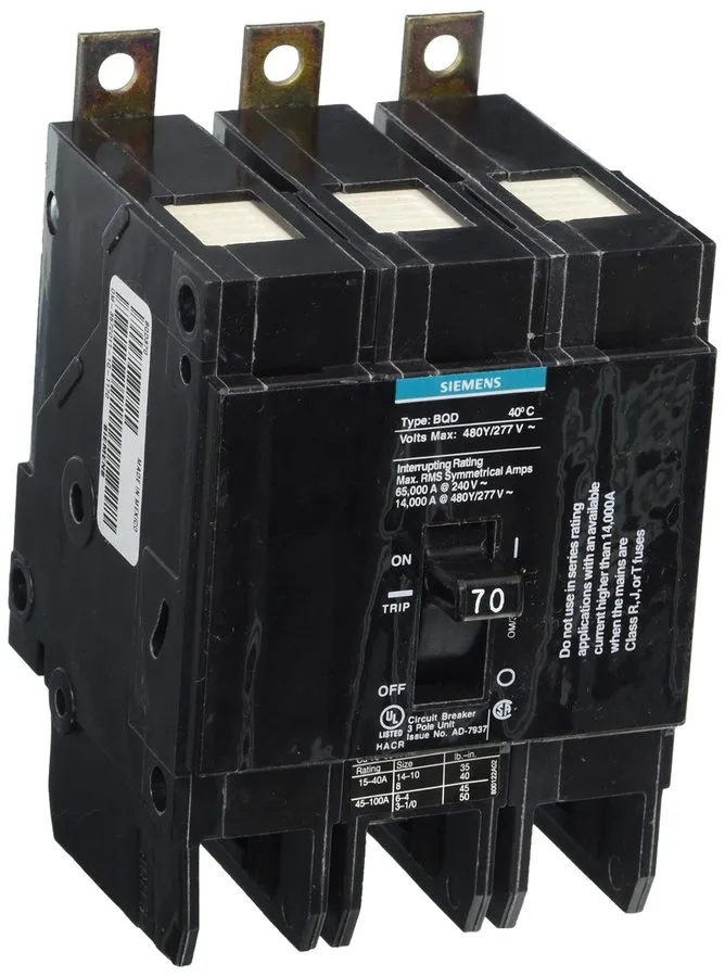 Автоматический выключатель Siemens BQD370 3 pole 70 amp bolt on 480v BQD Circuit