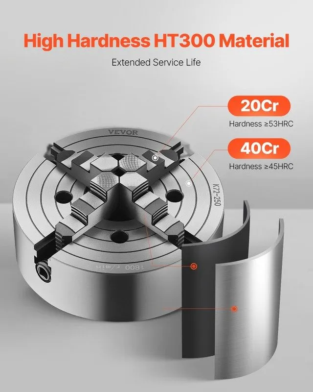 Режущий инструмент VEVOR 10 Inch 4-Jaw Lathe Chuck 0.6-9.84in Clamping Range