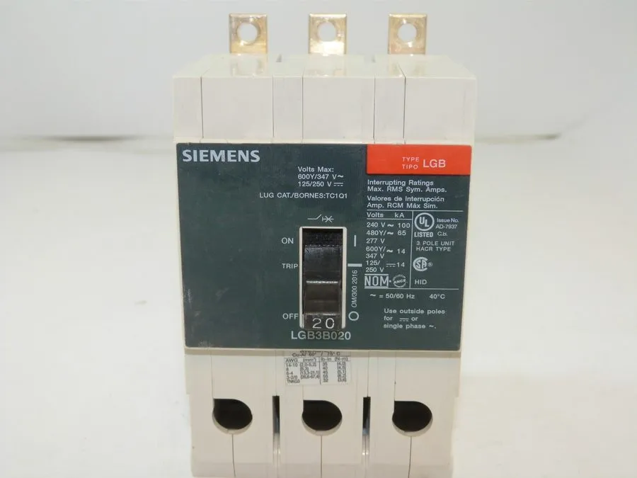 Автоматический выключатель LGB3B020B Siemens 20A 480V 3P Bolt-In Circuit Breaker