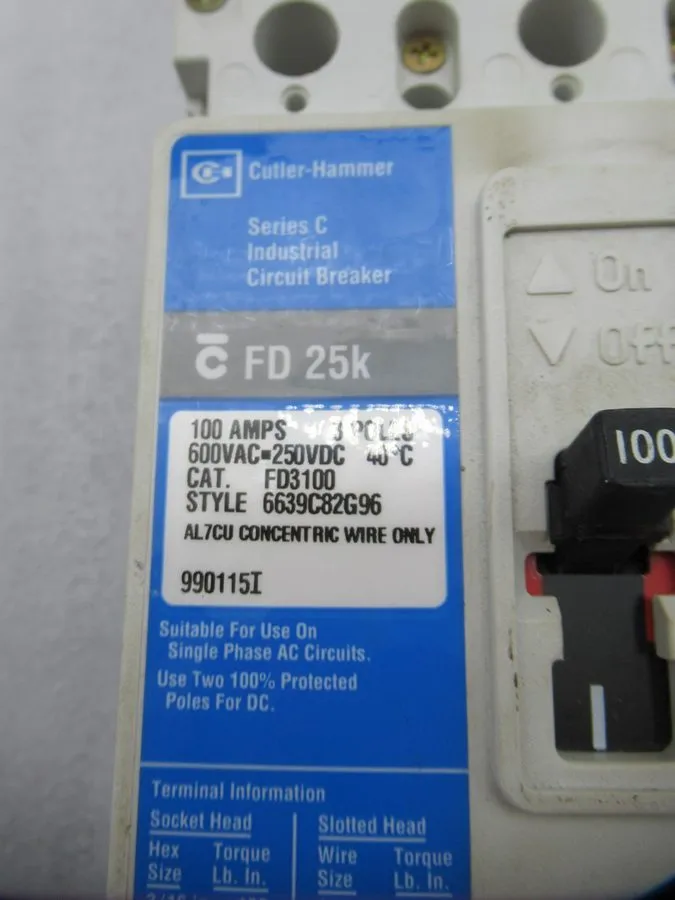 Автоматический выключатель EATON CUTLER HAMMER FD3100 100 AMP 600 VOLT CIRCUIT B