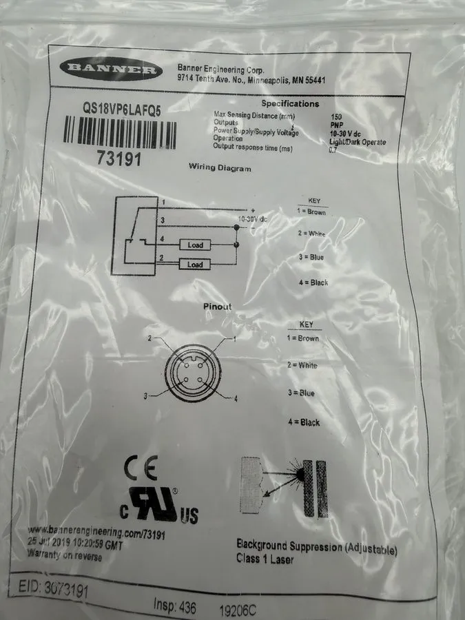 Фотоэлектрический датчик Banner QS18VP6LPQ5 Photoelectric Sensor 10-30 VDC (TSC)