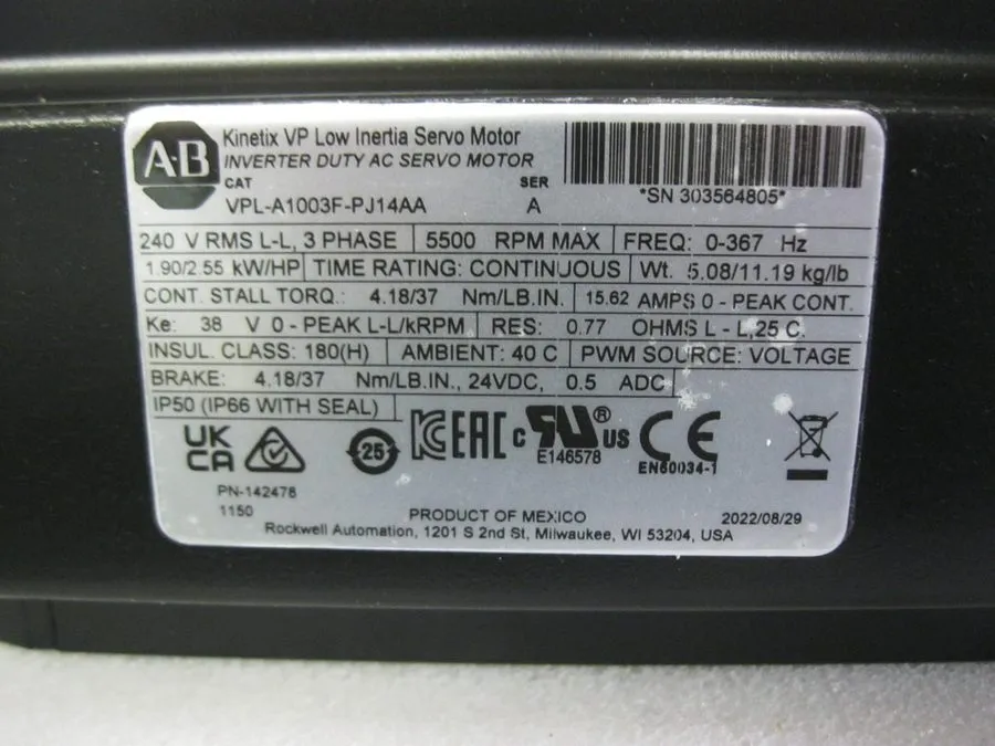 Серводвигатель Allen Bradley VPL-A1003F-PJ14AA Kinetix VP Servo Motor 240V 4500R