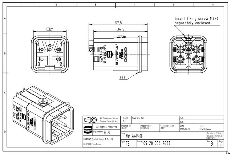 Разъём HARTING 09200042633 Male Connector