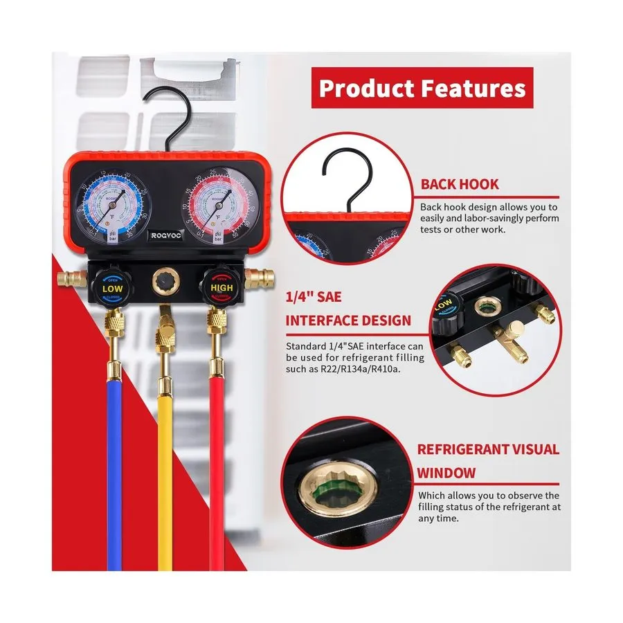 Манометрический коллектор HVAC Manifold Gauge Set R22/R410a/R134a w/ 5FT Hoses & — фото лота 2