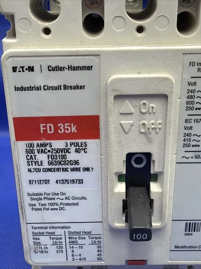 Автоматический выключатель EATON CUTLER HAMMER FD3100 100 AMP 600 VOLT CIRCUIT B