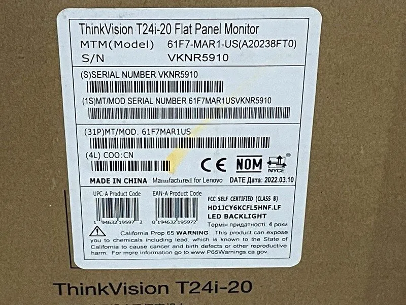 Монитор Lenovo ThinkVision T24i-20 23.8" 1920x1080 Flat Panel Monitor LED