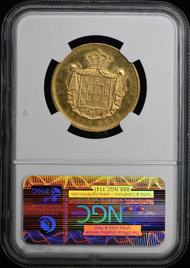 Лабораторный прибор 1878 PORTUGAL 10000R NGC MS61 age 23000 .5529oz