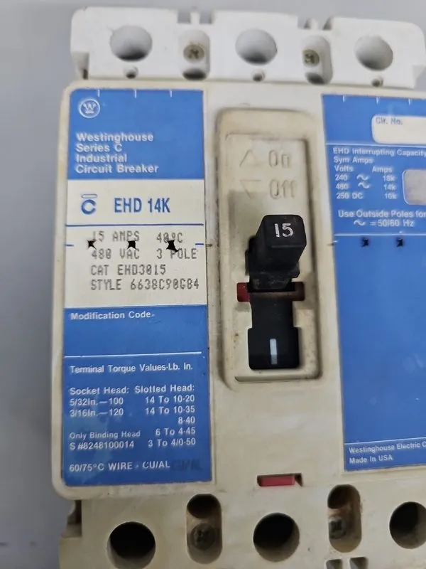 Автоматический выключатель EATON CUTLER HAMMER EHD3015 15A 3-POLE 480V F-FRAME C — фото лота 2