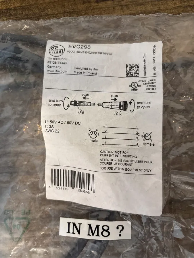 Разъём EVC298 Ifm Electronic Connection Cable 2m PUR-Cable; M8 / M12 Connector — фото лота 1