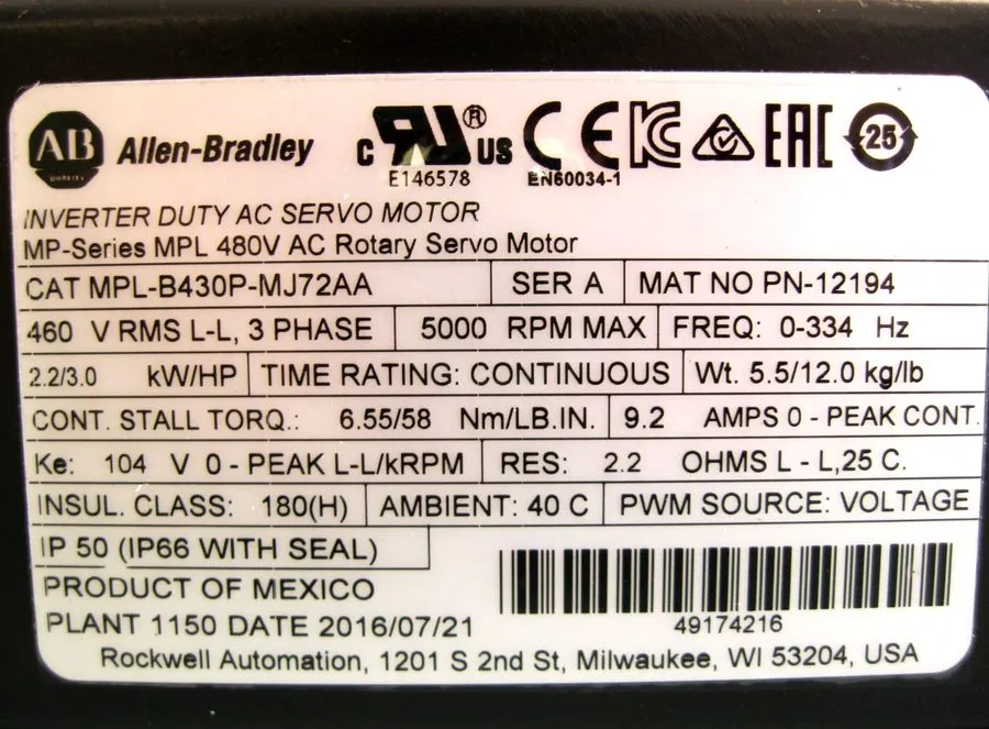 Серводвигатель Allen-Bradley MPL-B430P-MJ72AA 480V AC Rotary Servo Motor