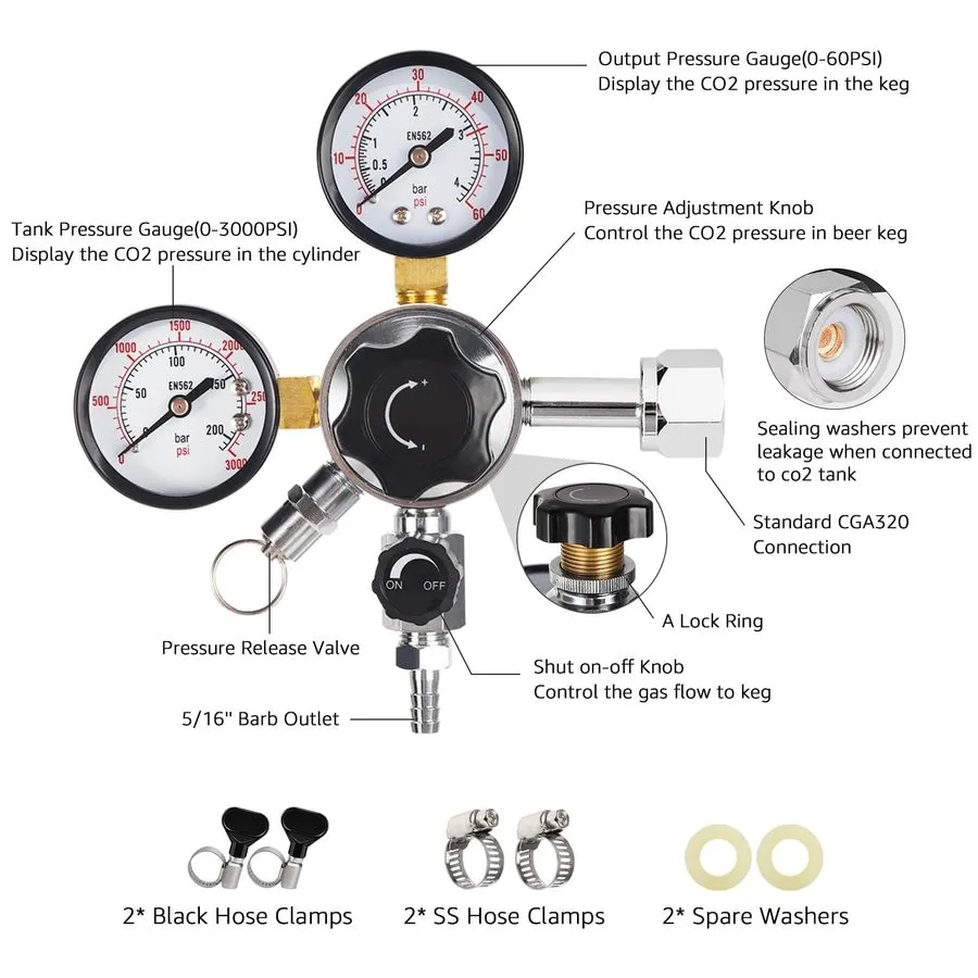 Трубопроводная арматура Draft Beer Gas Regulator CO2 Keg Regulator 0-60PSI CGA-3