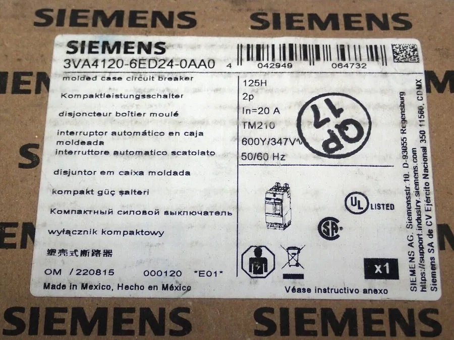 Автоматический выключатель Siemens 3VA4 3VA4120-6ED24-0AA0 2 Pole 20 Amp 600V Ci