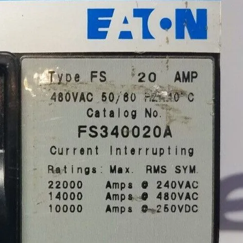 Автоматический выключатель Eaton Cutler Hammer FS340020A 20 Amp 3 Pole 480V FS C