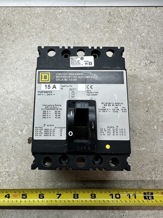Автоматический выключатель Square D FHP36015 15 Amp 3 Pole 600 volt 25kA@480v Ci — фото лота 2