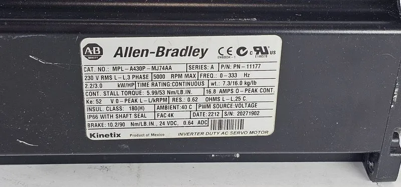 Серводвигатель Servo Motor Allen‑Bradley MPL-A430P-MJ74AA 6.2Nm 5000RPM 460V — фото лота 3