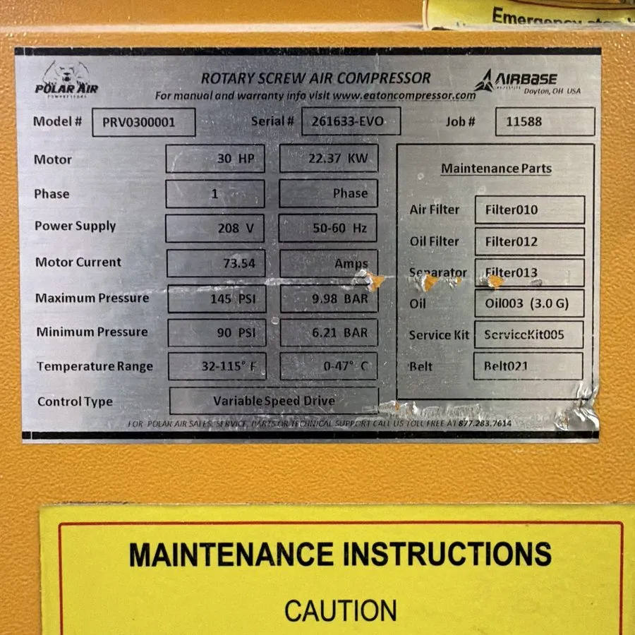 Компрессор Polar Air PRV0300001 Rotary Screw Air Compressor 30HP 208V 1PH 145 PS — фото лота 1