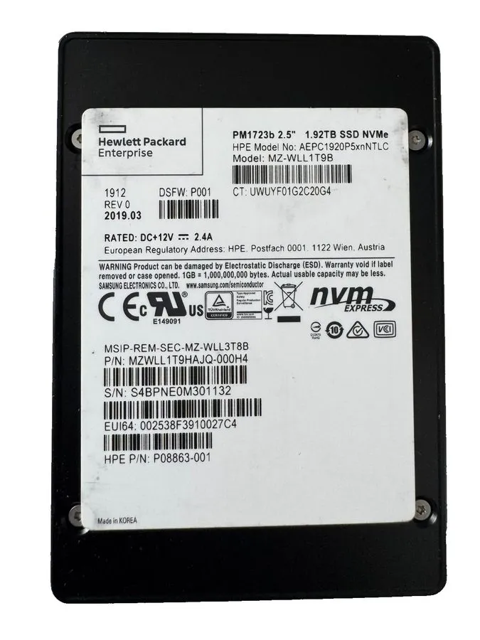 SSD-накопитель HPE SAMSUNG PM1723b 1.92TB 2.5" PCIe3.0 x4 NVMe U.2 SSD/Low Hours