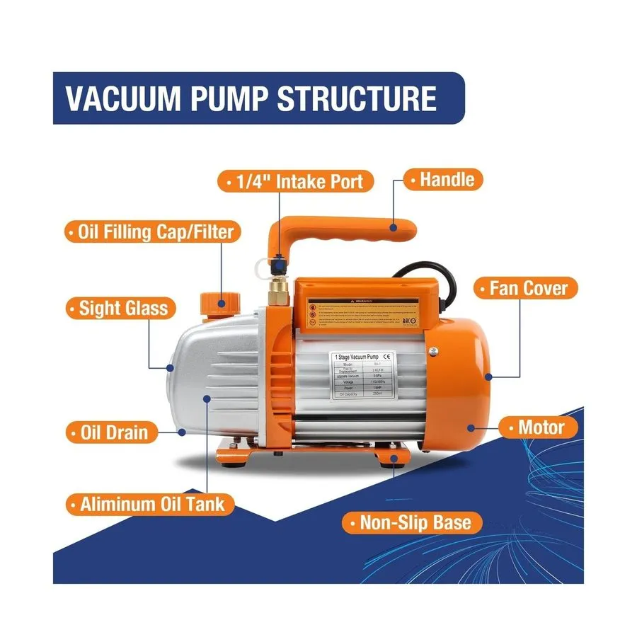 Насос 3.6CFM 1/4HP AC Vacuum Pump and Gauge Set, HVAC Vacuum Pump Kit & 3Way — фото лота 2