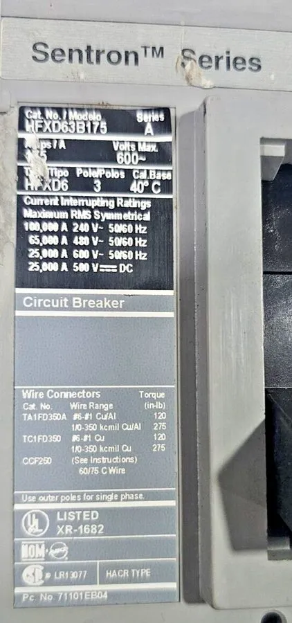 Автоматический выключатель SIEMENS SENTRON SERIES HFXD6 HFXD63B175 CIRCUIT BREAK