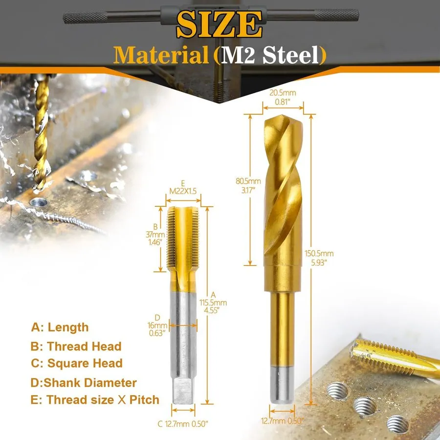 Режущий инструмент M22x1.5 Tap 20.5mm Drill Bit Set TiCoated M2 HSS Reduced Shan