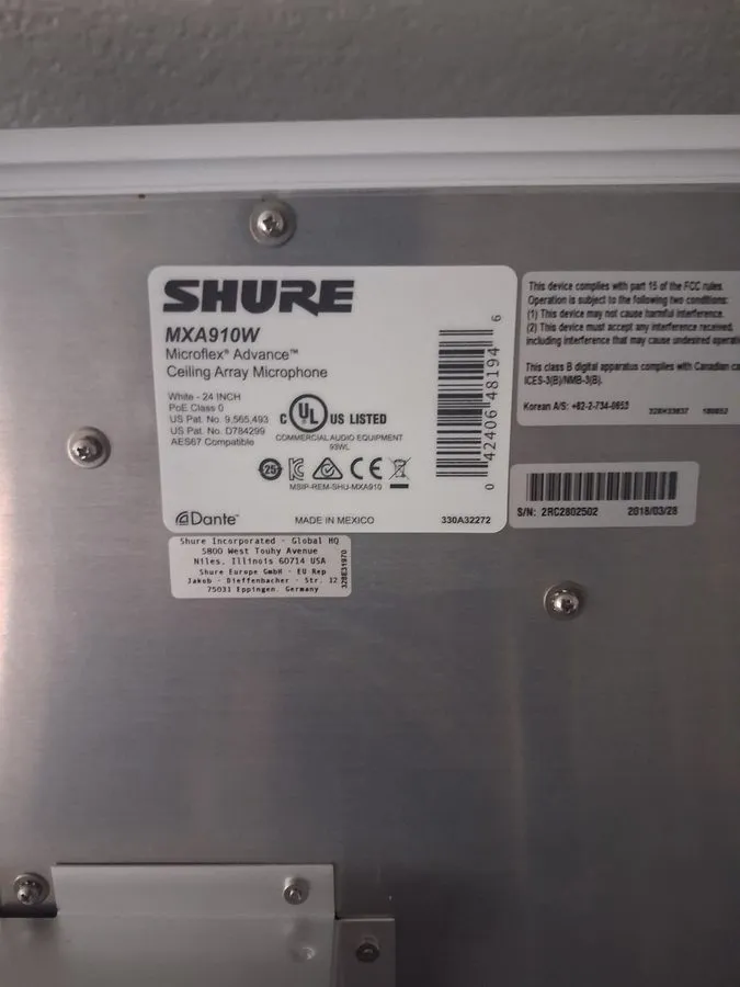 Микрофон Shure MXA910W Microflex Advance White Ceiling Array Microphone Dante Po