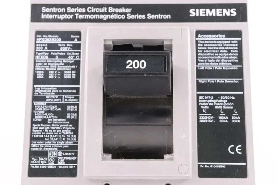 Автоматический выключатель Siemens HFXD63B200 Sentron Molded Case Circuit Breake