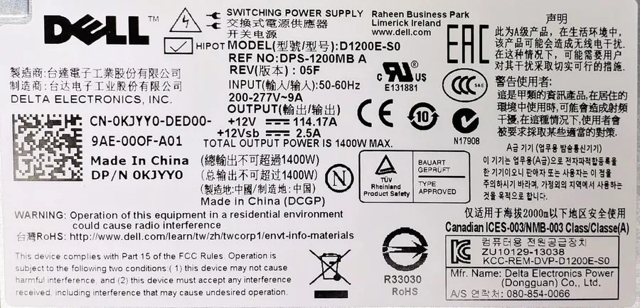 Блок питания Dell PowerEdge 200-277V 1400W Power Supply LS-25 KJYY0 D1200E-S0 DP