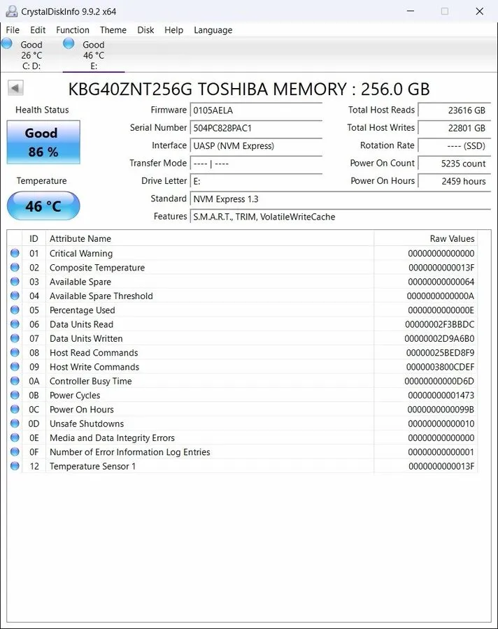 SSD-накопитель 256GB M.2 SSD 3D NAND TLC KIOXIA Corporation Model: KBG40ZNT256G