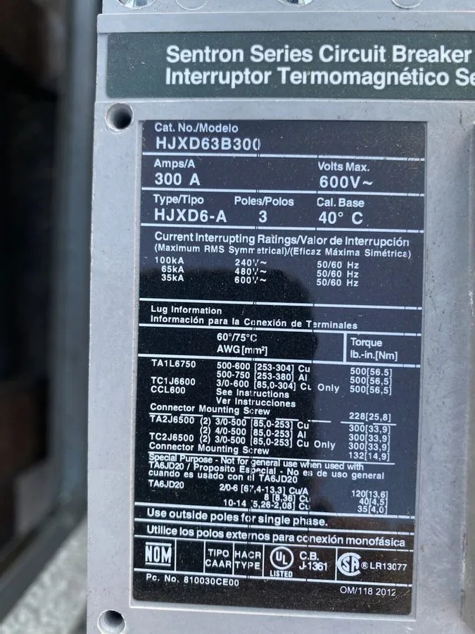 Автоматический выключатель Siemens Sentron Series Circuit Breaker 300A HJXD63B30