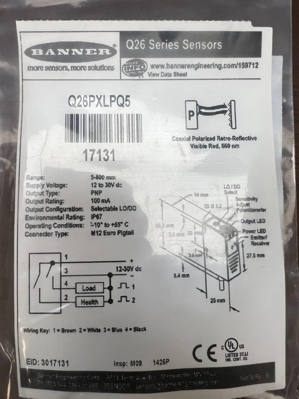 Фотоэлектрический датчик BANNER Q26PXLPQ5 Photoelectric Sensor USA