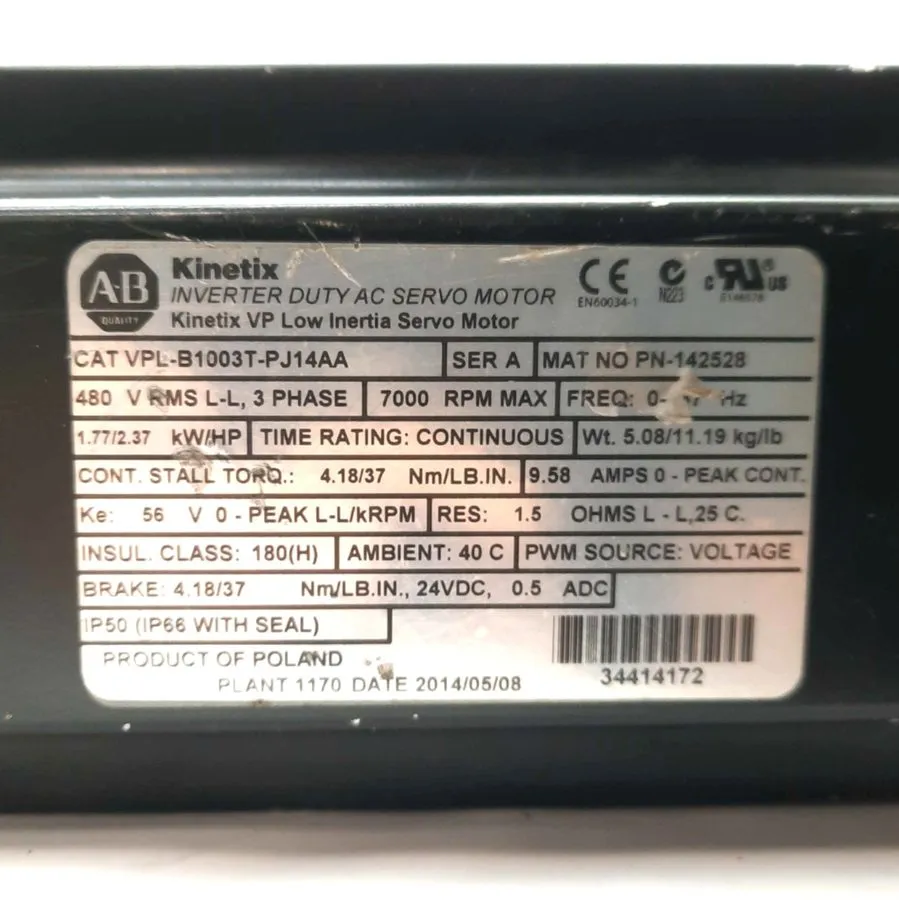 Серводвигатель Open Pre-owned Allen Bradley VPL-B1003T-PJ14AA Ser A 480VAC 6750R