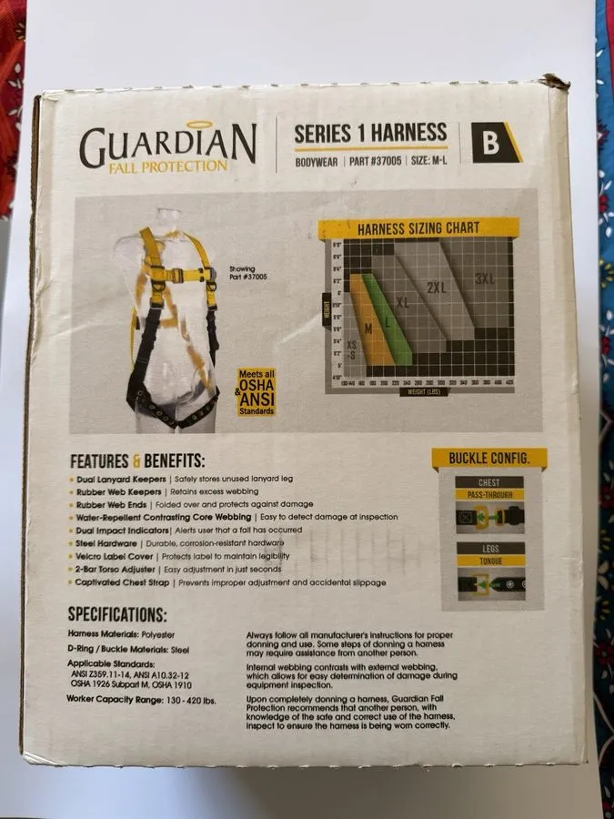 Жгут проводов Guardian Safety Fall Protection 37005B Body Harness M/L Black/Yell — фото лота 1