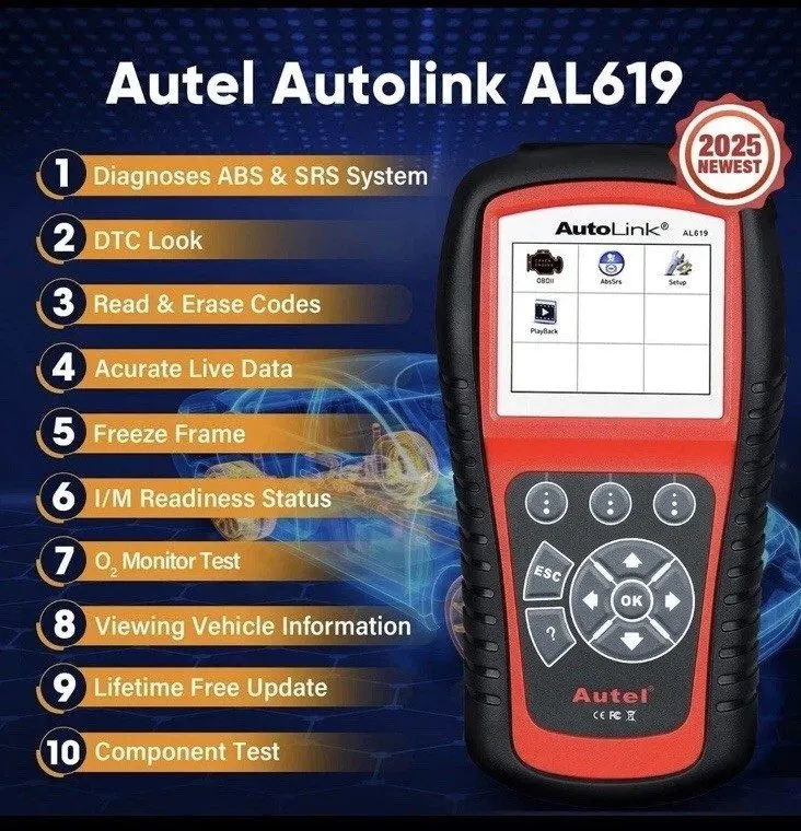 Диагностический сканер Autel AutoLink AL619 OBD2 Scanner, 2026 ABS SRS Warning L — фото лота 1