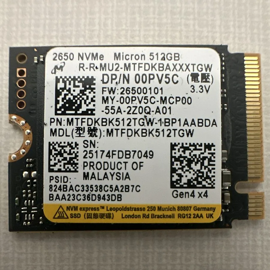 SSD-накопитель Micron 2650 MTFDKBK512TGW DP/N 00PV5C 512GB GEN4 NVMe PCIe M2 223