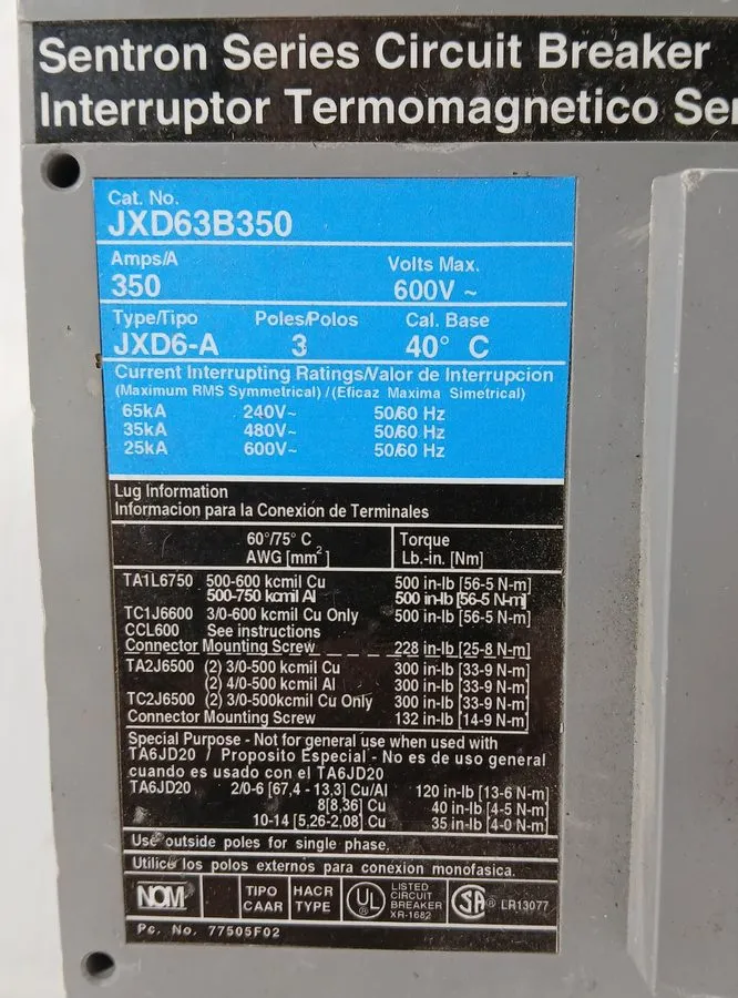 Автоматический выключатель Siemens JXD63B350 Sentron Series Circuit Breaker 350A