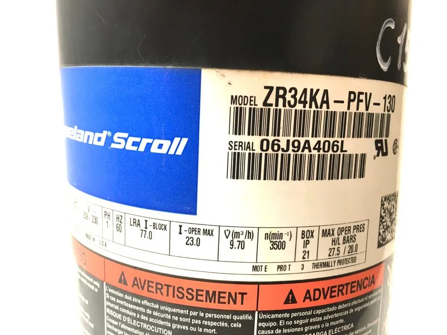 Компрессор Copeland 2.5 Ton Scroll A/C Condenser Compressor ZR34KA-PFV-130 R-22  — фото лота 1
