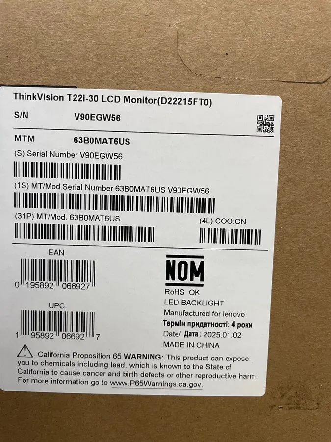 Монитор Lenovo ThinkVision T22i-30 21.5" FHD IPS 60Hz LED Flat Panel Monitor Bla