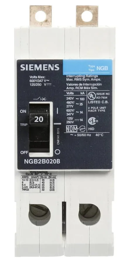 Автоматический выключатель Siemens NGB2B020 2 pole 20 amp 25kA @ 480v Bolt on Ci