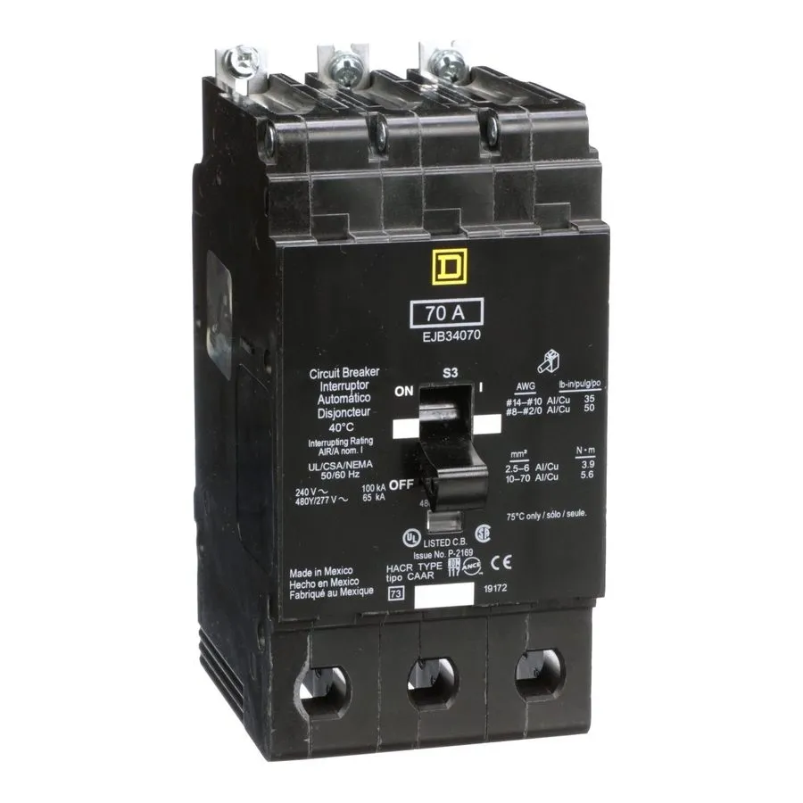 Автоматический выключатель Square D EJB34070 3 Pole 70 Amp 480V Circuit Breaker  — фото лота 1